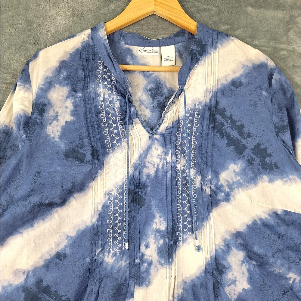 Womens Top 1X Blue Tie Dye Boho‎ Peasant Retro Embroidered Casual Artsy Hippie - Picture 3 of 7